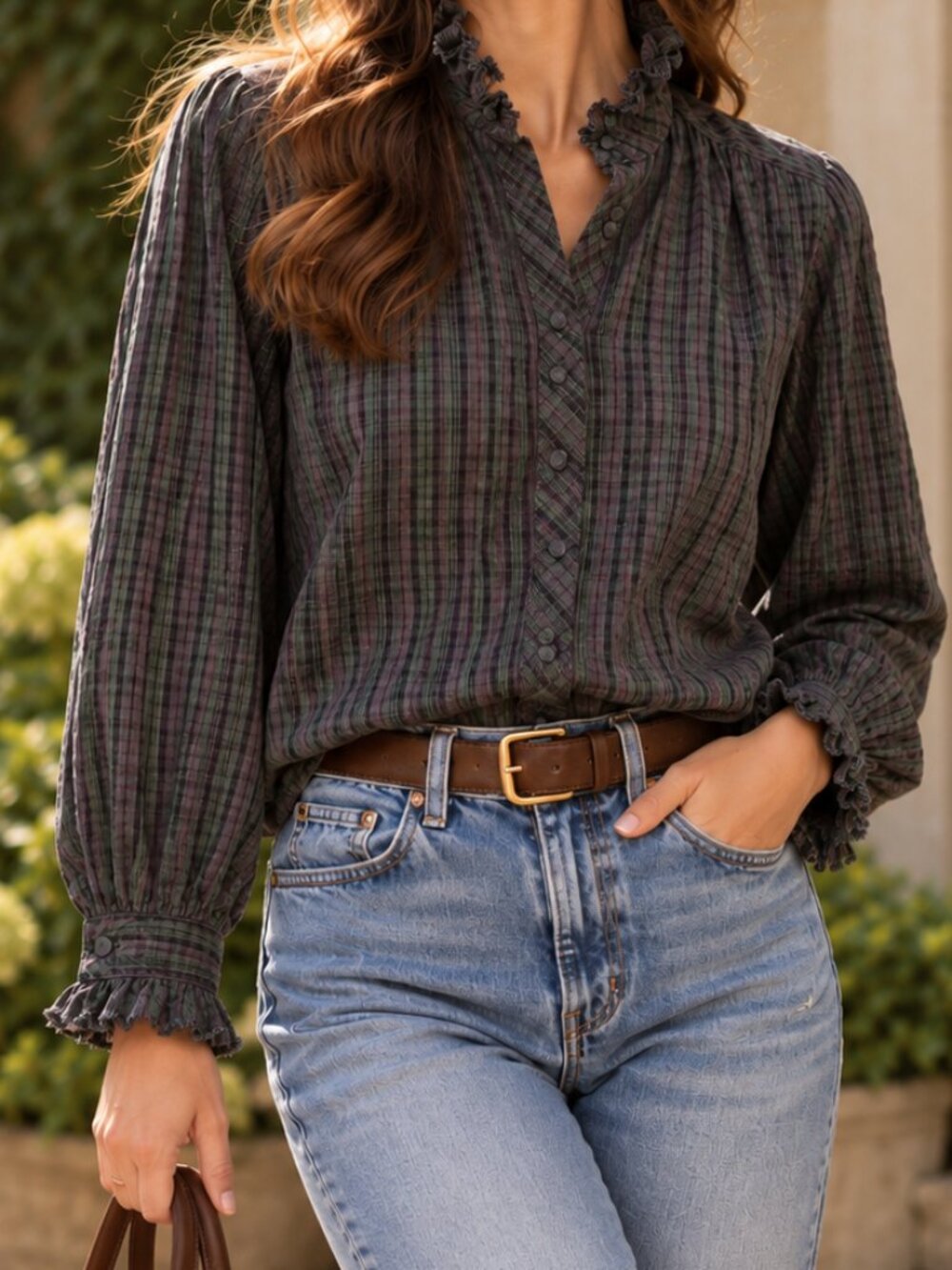 Tuckernuck Green Purple Plaid Ruffle Neck Cotton Popover Blouse S Holiday
